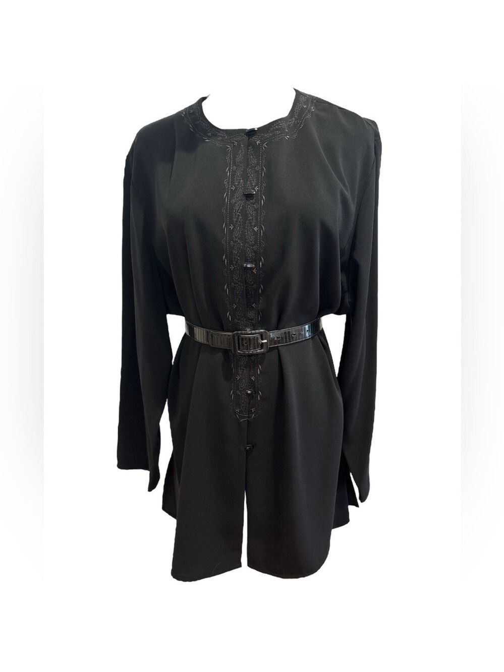 90s MAGGIE MCNAUGHTON BLACK BOHO TUNIC W DECORATIVE BUTTONS & EMBROIDERY SZ XL - Picture 2 of 7